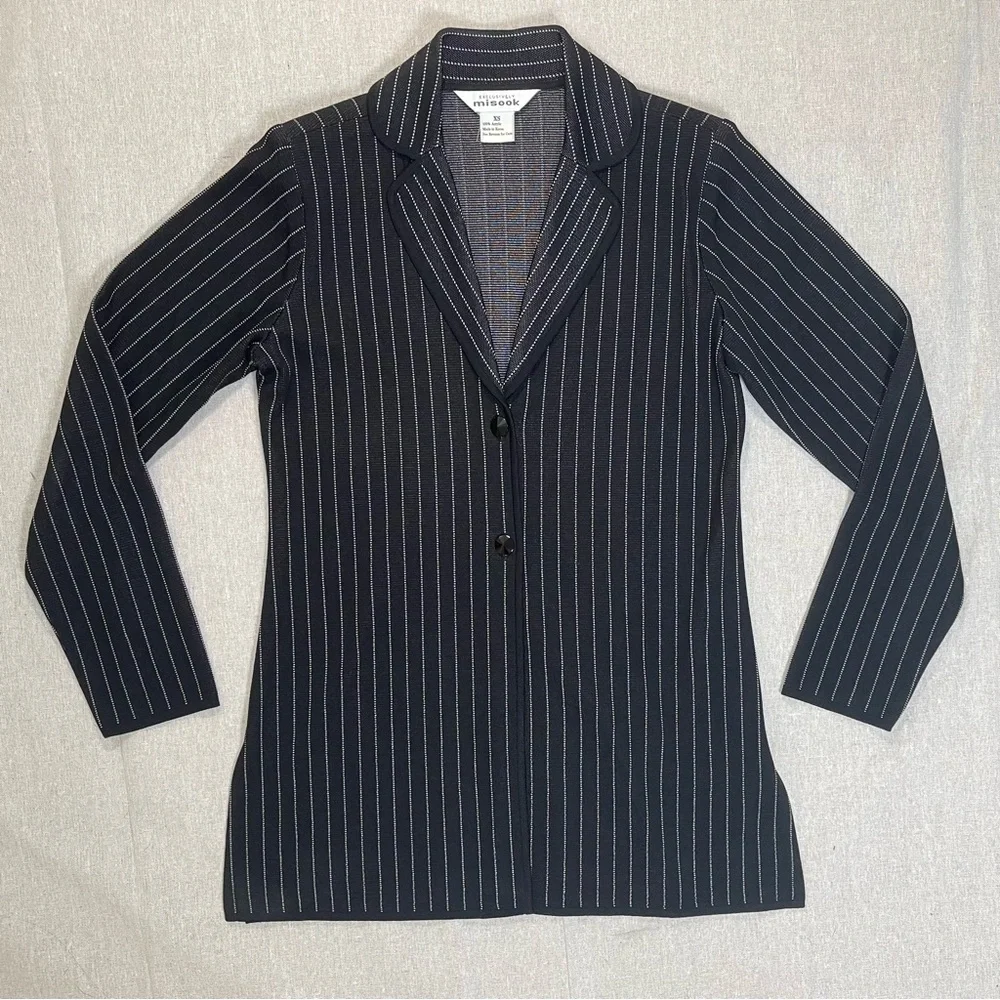 Exclusively Misook | Vintage Black & White Pinstripe Stretch Knit Blazer | XS - Picture 1 of 8